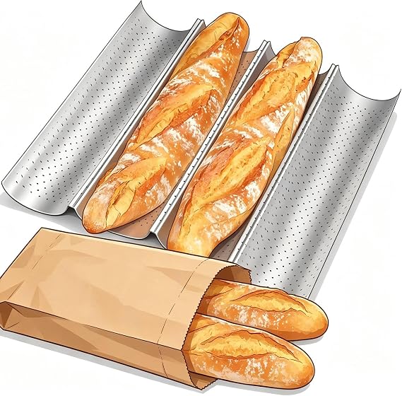 Amagabeli Baguette Baking Mould 4 Cavities Carbon Steel Perforated Baguette Baking Tray with Non-Stick Coating 38 x 33 cm Bread Baking Mould for Crispy Baguettes Ciabatta & Bruschetta