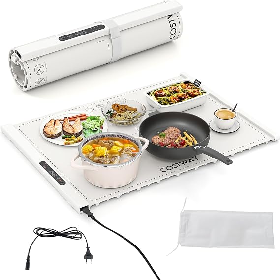 COSTWAY Elektrische Wärmematte Silikon für Lebensmittel Rollbare Warmhalteplatte Speisewärmer mit automatischer Abschaltung (3 Temperaturregelung von 60℃-100℃ 1H-4H TimerWeiß)