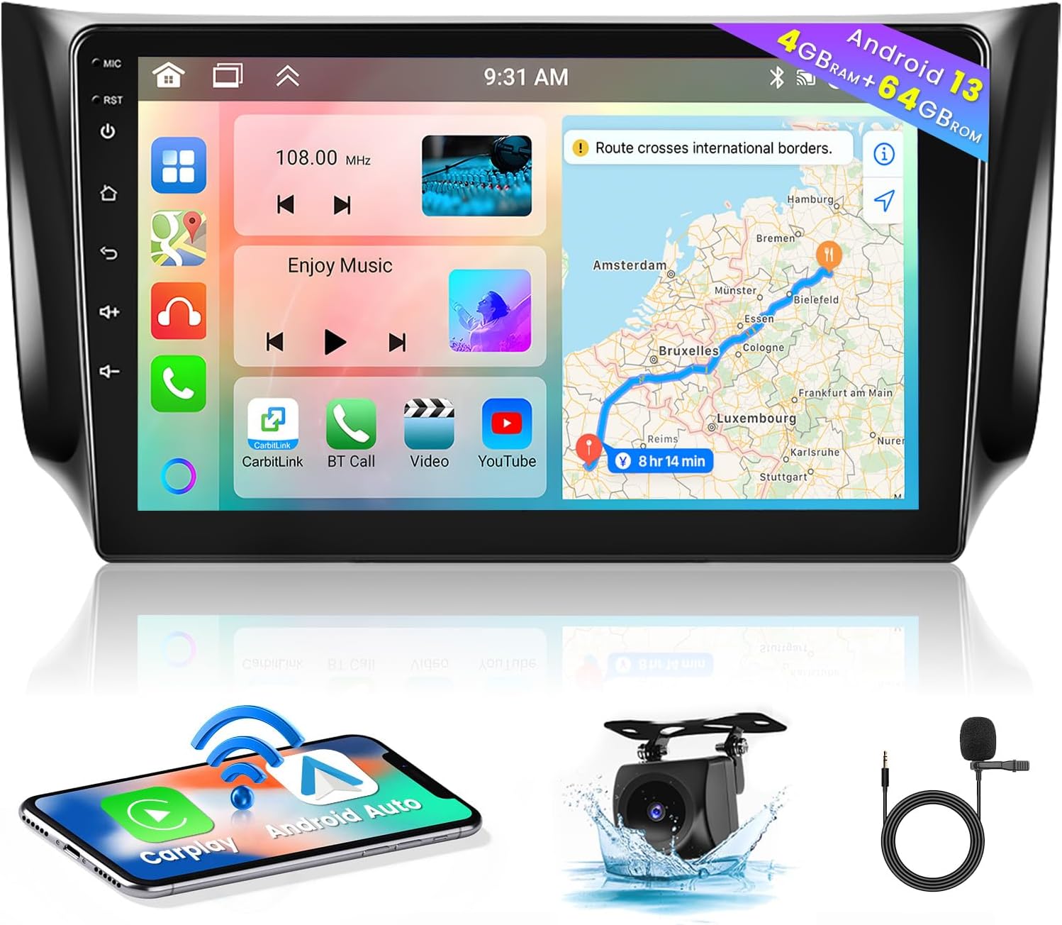 Hikity for Nissan Sentra 2013-2017 Android 13 Car Stereo with Wireless Apple Carplay, 8 Core 464GB 10.1 Inch IPS Touchscreen Car Radio 59UI GPS Navigation WiFi 32EQ DSP Backup Camrea