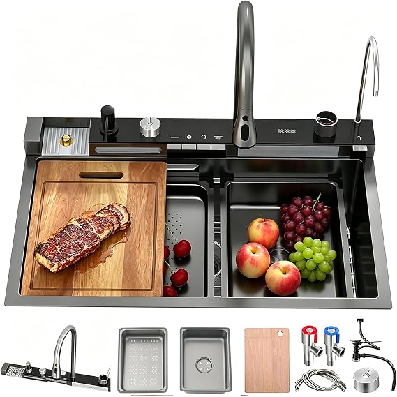 Waterfall Kitchen Sink, 85 x 50 cm, 1 Basin, Stainless Steel Sink, Kitchen, Modern Large Black Anthracite Sink, Kitchen Sink with Tap, Siphon Drain and Overflow Set