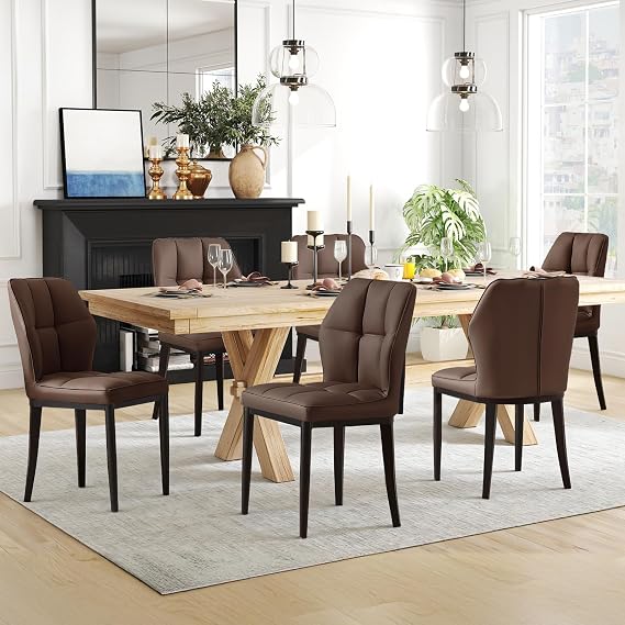 Bekrvio Dining Chairs Set of 6, Kitchen Chairs With Checkered Backrest, Upholstered in Faux Leather, with Metal Frame, Modern Style, for Dining Room, Kitchen, Living Room(Load 150KG