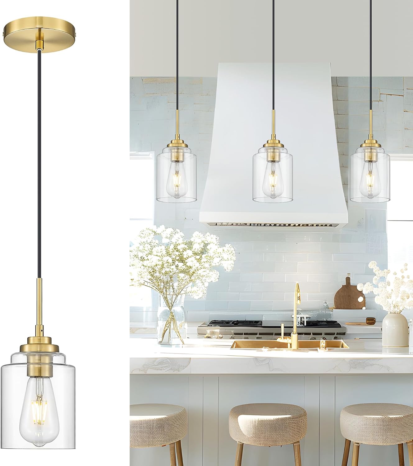AUTELO Gold Pendant Lights, 1-Light Pendant Light Fixtures in Brushed Gold Finish with Clear Glass, Antique Pendant Lights Kitchen Island, Brass Hanging Lights for Dining Room H7010 BG