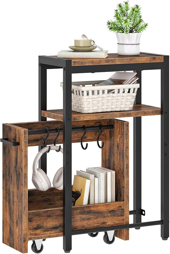 HOOBRO Narrow Side Table, 3-Tier Slim End Table with Pull-Out Drawer for Small Spaces, Industrial Storage Shelf with Wheeled Drawer for Living Room, Bedroom, Rustic Brown and Black EBF56BZ01