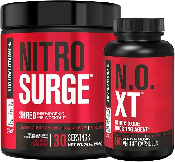 Jacked Factory Nitrosurge Shred Thermogenic Pre-Workout in Black Cherry & N.O. XT Nitric Oxide Booster for Men & Women