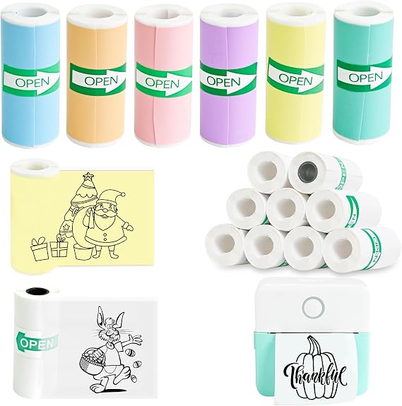 Thermal Sticker Paper - 16 Rolls Mini Printer Paper for Mini Sticker Printer, Self-Adhesive Printing Paper, 7 Colored & 8 White & 1 Transparent Roll for Photo, Lists, Study Notes, Journals(57 x 25 mm)