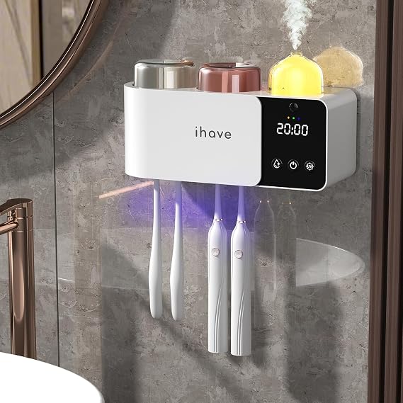 iHave Toothbrush Holder Aromatherapy Diffuser Wall Mount UV Sanitizer 2-Cup | Auto-Cycle Disinfection UV-C Toothbrush Sanitizer, Aromatherapy Diffuser, Timer, Drying & IR Night Light, Bathroom Organizer