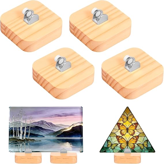4 Pcs Wood Display Stand,Adjustable Glass Display Stands,Rustic Fused Glass Art Base,7cm Decorative Plate Stand Holder for Glasses Art Creations Stained Ceramic Tiles Plaques Collectibles(7 CM)