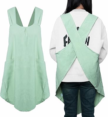 Cross Back Apron for Women with Pockets Linen Apron Cooking Aprons for Baking Painting Gardening Cleaning Light Green