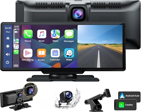 LAMTTO 9.26" Carplay Screen for Car with 2.5K Dash Cam, 1080P Backup Camera