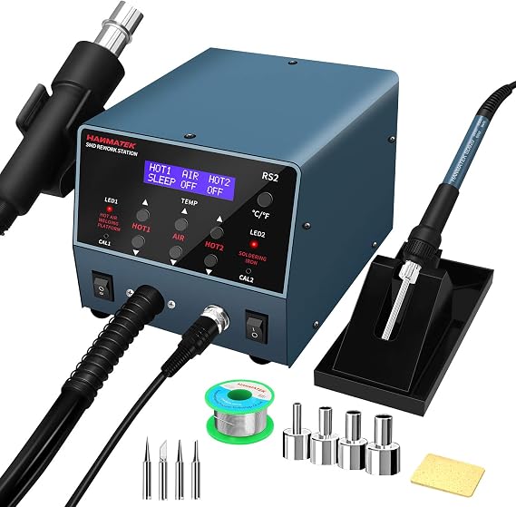 HANMATEK Heat Gun, Soldering Iron, 2 in 1, Hot Air Rework Gun Station, 800W, PID Smart Temperature Control, Sleep Function, Digital Display, Small Noise, Rapid Heating, F/°C Switch RS2