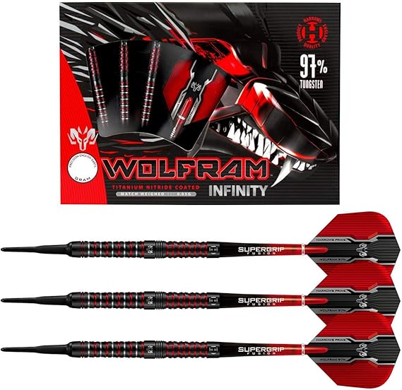 Harrows Wolfram Infinity 97% Tungsten Soft Tip Darts Set | 18g and 20g | Includes Supergrip Fusion Shafts and 100 Micron Prime Flights (18g)