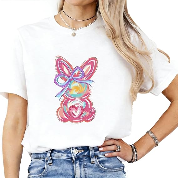 Women Casual Round Neck Short Sleeve T-Shirt White Easter Bunny with Pink Bow and Colorful Swirls Print