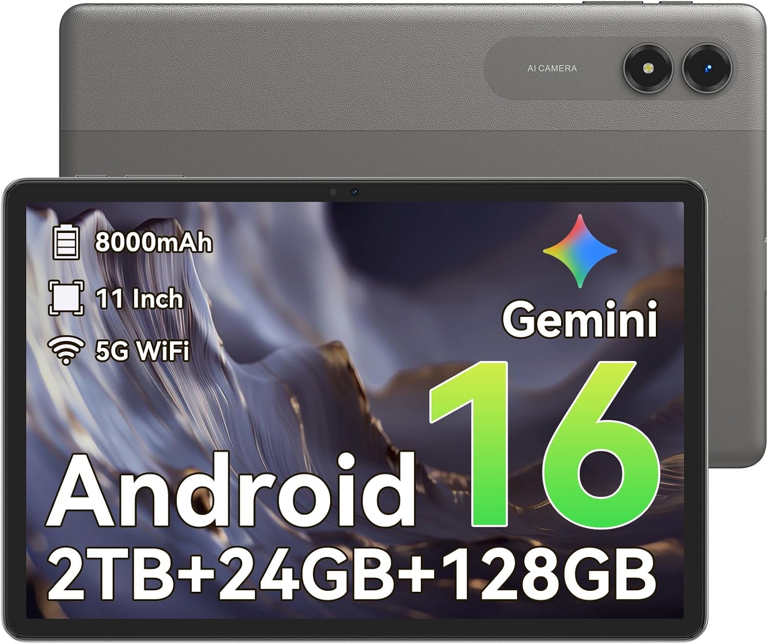 Android 16 Tablet,11 Inch Tablet with 24GB RAM 128GB ROM,Octa-Core T7250 Processor,90Hz Display,8000mAh Battery with Fast Charging & OTG Reverse Charge,Gemini AI Tablets,Smart Camera,
