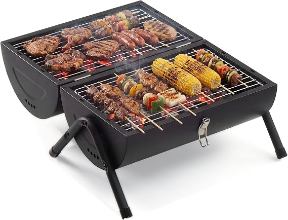 Outvita Portable Charcoal Grill with Thermometer, Dual-Sided Tabletop Black