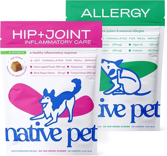 Native Pet Joint & Itch Relief Bundle: Relief Chews for Dogs (30 Air-Dried Chews) & Allergy Chews for Dogs (30 Air-Dried Chews) - Anti-Inflammatory Promotes Healthy Skin, Shiny Coat, Strong Joints