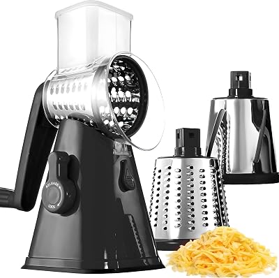 Rotary Cheese Grater with Handle, Cheese Grater Hand Crank, Fast Cutting Grater for Kitchen with 3 Interchangeable Blades, Vegetable Slicer, Cheese Shredder with Suction Cup Base, Dishwasher Safe