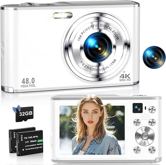 4K Digital Camera 48MP Autofocus Photo Camera with Dual Camera Compact Camera with 16X Digital Zoom 2.8 Inch Large Screen 32GB Card & 2 Batteries for Children Teenagers Beginners White