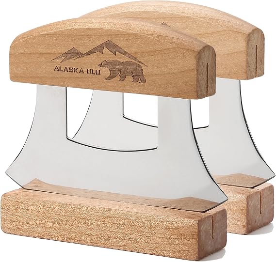 2 Alaskan Ulu Knives Pizza Cutter Chopper Slicer for Salad Vegetables Meat | Chopping Mincing Knife with Wooden Stand Arthritic Cutting Tool 5x4in