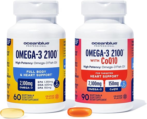 Oceanblue Omega-3 2100 Bundle CoQ10 90ct + Triple Strength 60ct High-Potency EPA, DHA & DPA Heart & Brain Support Orange Flavor, Burpless Fish Oil - 2 Pack