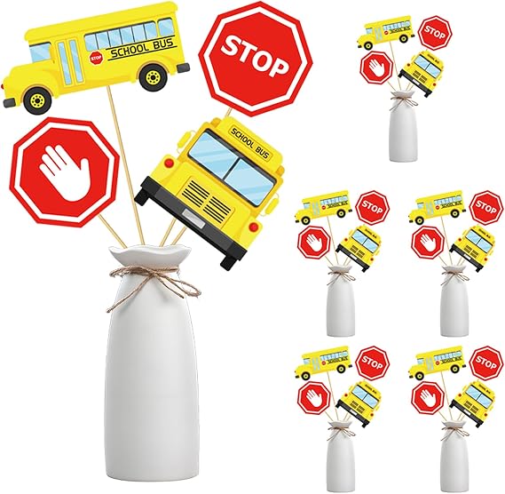Back to School 24Pcs School Bus Party Decorations Set - 4 Styles Centerpieces with Sticks & Stickers for Birthday, Back to School, Classroom Table Decor