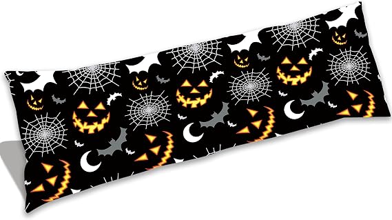 Halloween Black Ghost Long Body Pillow-Cover Bat Lantern Two Side Bed Large Cushion Pillowcase Protector with Hidden Zipper for Backrest Hallow-mas Home Decor