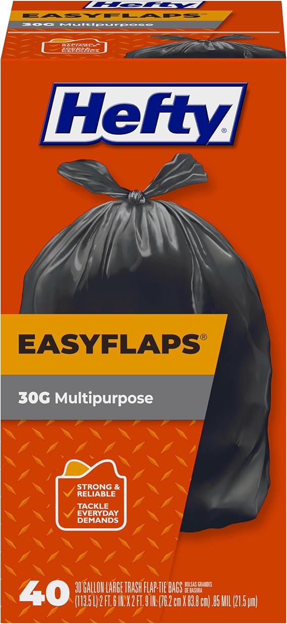 Hefty Easyflaps Multipurpose 30 Gallon Large Trash Bags, Black, 40ct | 30G Black Garage Trash Bags, Simple Flap Tie Closure, Resists Punctures, Leaks, Tears, Great for Cleanups, Donations, Moving
