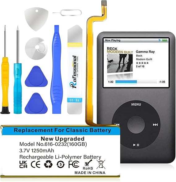 Upgrade Replacement 1250mAh Long-Lasting Classic Battery 616-0232 Compatible with iPod Classic 5th - 7th Generation Video A1136 A1238 6th 80GB 6.5th 120GB 7th 160GB 5th 30GB with Tool Kits
