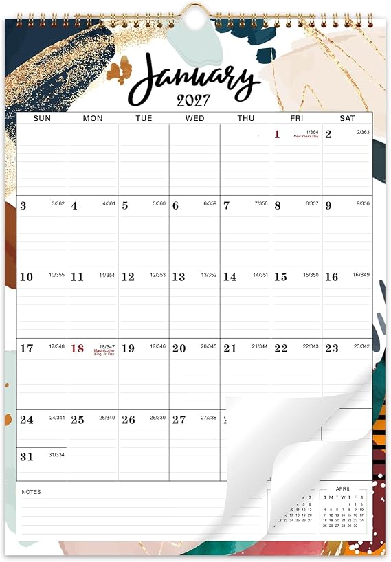 2027 Wall Calendar - Hanging Calendar from Jan. 2027 - Dec. 2027, 12" x 17", Twin-Wire Binding, Large Daily Blocks, Perfect for Home, School & Office