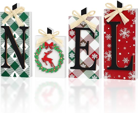 Christmas Wooden Noel Decorations,4Pcs Rustic Christmas Table Sign Decor,Letter Freestanding Xmas Centerpiece Table Tiered Tray Sign for Indoor Party New Year Winter Holiday Home Fireplace