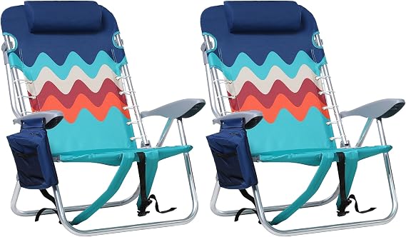 Backpack Beach Chairs 2 Pack Aluminum Lightweight Folding Reclining Chairs | Classic Lay Flat, 4 Positions, Cooler Bag, Towel Bar, Armrest, Pillow, Padded Shoulder Straps, Storage Pouch, Support 350LBS