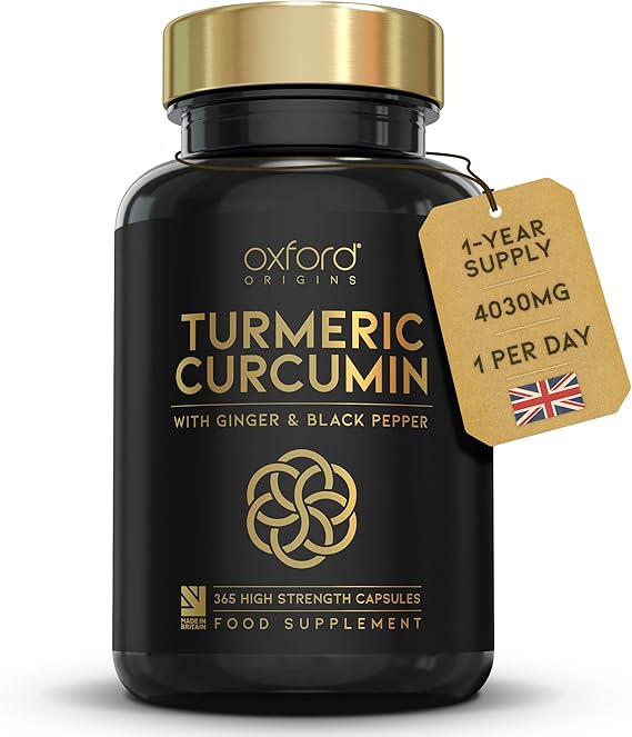 Advanced Turmeric and Black Pepper Capsules 4030mg Made in the UK | ONE per Day Turmeric Supplement with Ginger, Black Pepper | 365 High Strength Tumeric Curcumin Capsules for Joints | 12 Month Supply