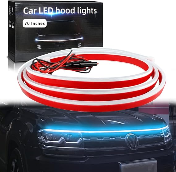 Car Hood Light Strip 70 Inches Ice Blue Exterior Car LED Strip Lights for Hood Flexible Waterproof Dynamic Scan DC12V Daytime Running Lights for Cars, SUVs, Trucks
