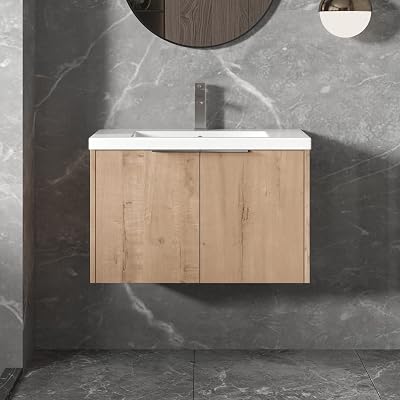 Goujxcy 30 Wall Mounted Vanity With Sink, Modern Floating Cabinet With White Resin Wash Basin & Storage, Soft-Close Door Plywood Hanging Bathroom Cabinet Imitative Oak