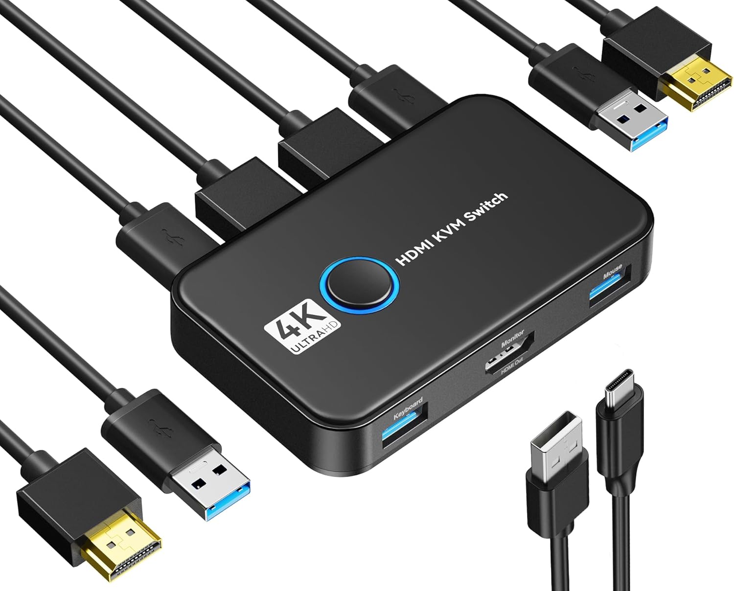 KVM Anahtarı, KVM Anahtarı HDMI, Bir HD Monitör ve Klavye Fare Paylaşımı 2 Bilgisayar için USB KVM Anahtarı, 4K@60Hz desteği, 2 HDMI Kablosu ve 2 USB Kablosu, 1 USB C Şarj Kablosu Dahildir