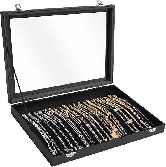 Siveit Premium Necklace Organizer Box - 20 Hooks Jewelry Tray with Transparent Lid - Display Box for Necklaces, Pendants - Suitable for Women and Girls (Black)