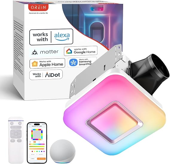 OREiN Matter Smart Bathroom Exhaust Fan with Light (No Speaker), 110 CFM Quiet Bathroom Vent Fan, 2700K6500K, DIY RGB Lighting, Voice/App/Remote Control, Works with Alexa, Google & Apple Home