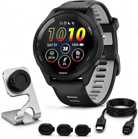 Garmin Forerunner 265 Running GPS Smartwatch, AMOLED Display, 46mm, Black/Powder Gray, 010-02810-00 - Bundle w/Deco Essentials Charging Dock, Dust Cover and USB-C Cable