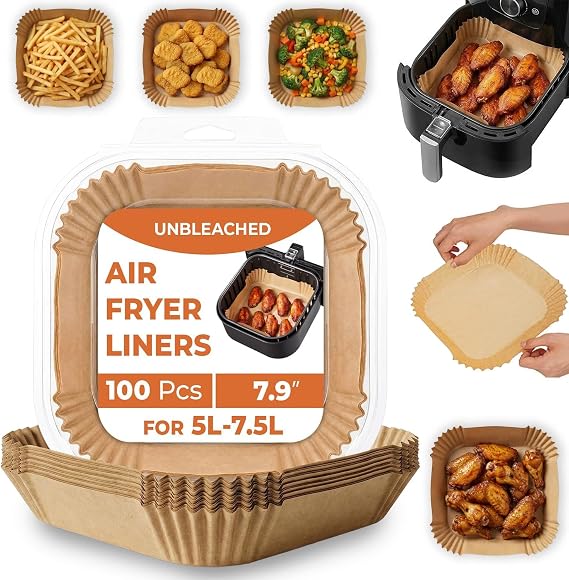 Roe Tenpo Air Fryer Liners, 100Pcs Disposable Baking Parchment Paper, Non-Stick & Greaseproof, Air Fryer Accessories for Ninja AF180UK AG301UK, COSORI, Tefal Easy Fry, Russell Hobbs Air Fryer