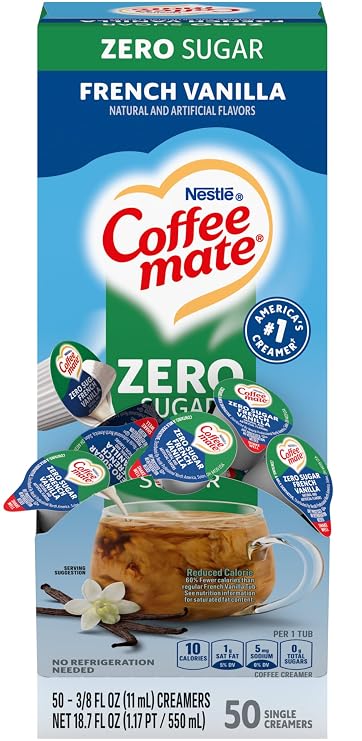 Coffee-mate Zero Sugar French Vanilla Liquid Creamer Singles, 50 Ct | 0.375 fl oz Single Serve Cups, Individual Coffee Creamer Portions