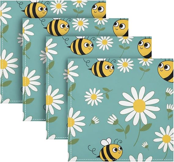 Cloth Dinner Napkin - Bees Daisies Teal Reusable Table Napkins 20x20in for Wedding Hotel Party Set of 4