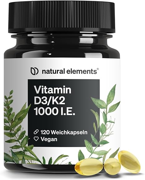 natural elements Vitamin D3 + K2 Softgel Capsules - High Dose 1000 IU Vitamin D3 and 20µg Vitamin K2 - 120 Capsules - Vegan No Unnecessary Additives - Produced in Germany & Laboratory Tested