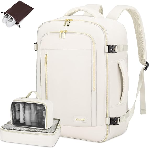 LOVEVOOK Travel Backpack for Women & Men, 45L Carry On Backpack, Personal Item Bag with 3 Packing Cubes, Business Weekender Overnight Luggage Daypack, Fits 18 Inch Laptop, Beige