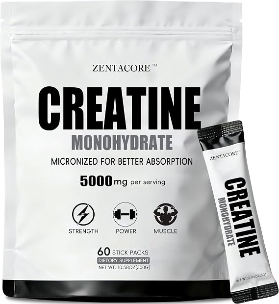 Creatine Monohydrate Stick Packs 5g 60 Single Serve Creatine Packets, Micronized Creatine Powder for Men & Women, Travel Creatine Packets, Unflavored Pre & Post Workout Supplement