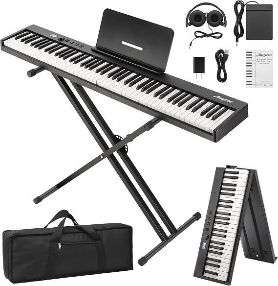 GAOMON Folding Piano Keyboard,Portable Piano Keyboard 88 Keys for Beginner,Full Size Digital Piano with Piano Stand,Sustain Pedal,Headphones, Handbag, Bluetooth, USB MIDI for Beginner,Kids,Adult