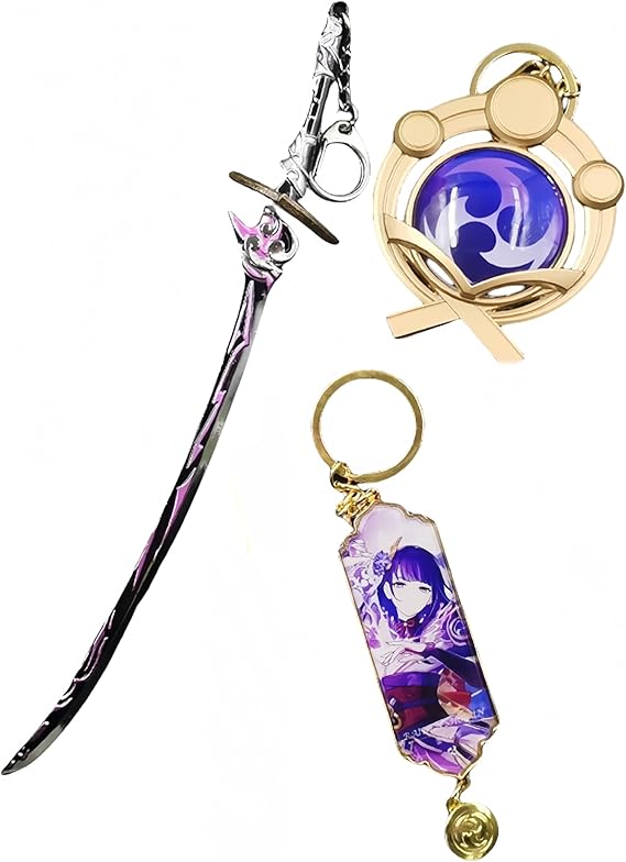 3PCS Genshin Key Chain Toy Inazuma Electro Vision Anemo Luminous Raiden Shogun Genshin Weapons Cosplay Accessories, Medium, Gold