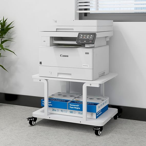 Puncia 2-Level Printer Stand with Wheels 60 x 50 cm White Mobile Printer Shelf Printer Trolley Wooden & Metal Printer Holder for Printer Scanner Study Office School Office