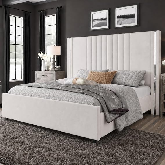 Queen Bed Frame with Headboard, Velvet Upholstered Platform Bed, Beige