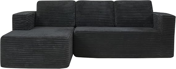 Panana L-Shape Right Corner Boneless Sofa,Modular Sectional Chaise Lounge, Boneless Couches,Corduroy Fabric Sofa Bed for Living Room – No Assembly Required (Black, Left Chaise)