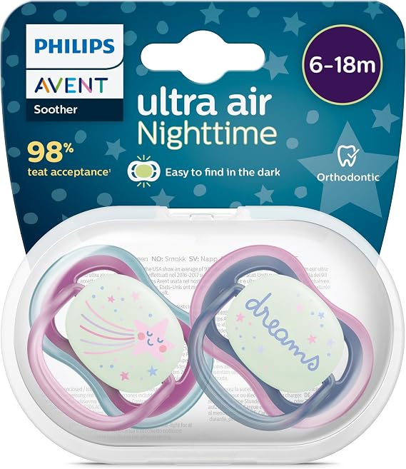 Philips Avent Ultra Air Night Pacifier 6-18 Months, Pack of 2, Girls