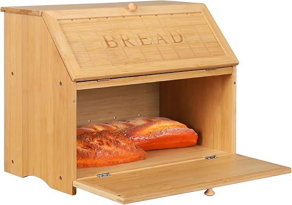 Bamboo Bread Bin Double Decker Breadbox Kitchen 15.3"x9.8"x12.6" Vintage